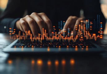 Poster - Hands Typing on Laptop with Digital Data Visualization Displayed, Concept of Data Analysis, Technology, and Information Processing in Modern Workspace