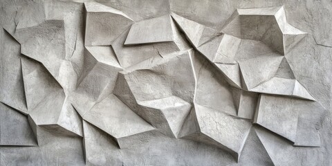 Poster - Abstract textured wall with angular gray concrete shapes in relief design, showcasing varying depths and shadows, creating a modern artistic effect.
