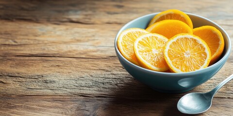 Aufkleber - Freshly sliced oranges arranged in a light blue bowl on rustic wooden table with a metallic spoon positioned right, inviting dessert or snack enjoyment.