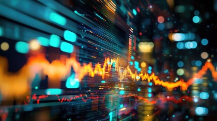 Poster - A futuristic scene with a holographic tape of stock prices winding through a city silhouette, with bright, chaotic light representing the fast-paced stock market.