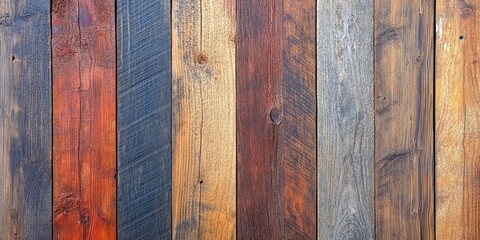 Fototapete - Rustic wooden wall with varying shades of brown orange and gray planks arranged vertically showcasing a textured natural finish.
