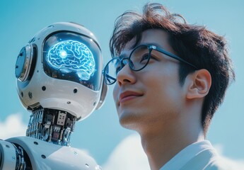 Poster - Human and robot collaboration in a futuristic setting showcasing advanced technology and artificial intelligence interaction under a bright sky backdrop