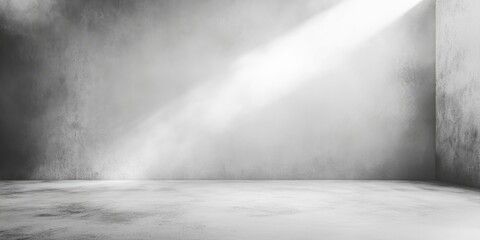 Aufkleber - Minimalist gray empty room with soft light beam entering from the left, highlighting textured walls and smooth floor for a serene atmosphere.