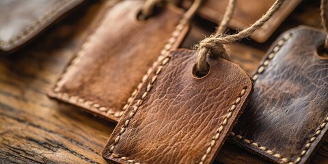 Aufkleber - rustic leather price tags in varied shades of brown with intricate stitching, hung on twine against 