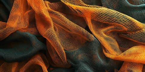 Poster - colorful textured mesh fabric in vibrant orange and teal layers, flowing softly to create depth and 