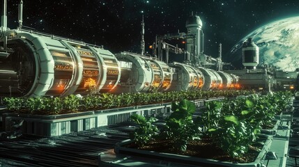 Poster - A futuristic space station with agricultural areas growing crops in orbit, showcasing a sustainable food system for space colonists in a high-tech, innovative habitat