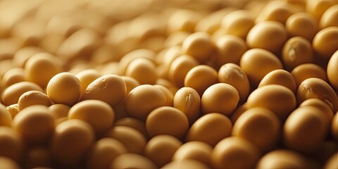 Poster - Golden soybeans piled together in soft natural light with a warm bokeh background highlighting the texture and shapes of the beans.
