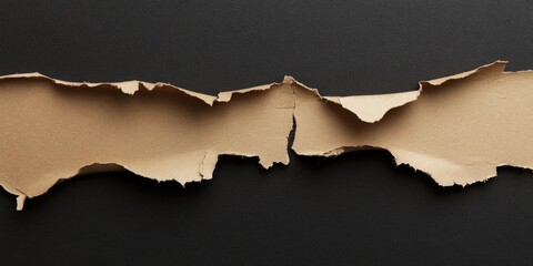 Poster - Torn brown cardboard paper fragment with uneven edges positioned horizontally against a smooth black background showcasing texture and contrast