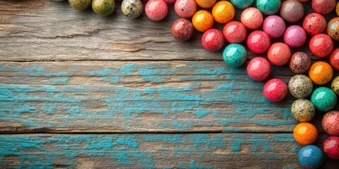Poster - Colorful textured marbles in shades of red orange green and blue positioned on distressed wooden background with turquoise paint peeling off