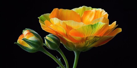 Aufkleber - Vibrant orange and yellow ranunculus flowers with bud against a solid black background, showcasing intricate petal details and lush green stems.