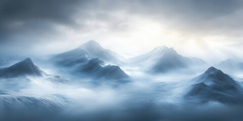 Aufkleber - Misty mountain landscape with soft blue tones, foreground peaks shrouded in fog, sunlight breaking through clouds in the background creating a serene atmosphere.
