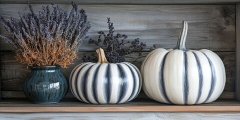 Poster - Charming autumn decor featuring striped and white pumpkins with a dark ceramic vase and lavender placed on a wooden shelf in soft neutral tones.