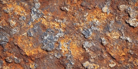 Aufkleber - Rusty metallic surface texture with vibrant orange and brown hues scattered over a rugged gray backdrop, showcasing layers of corrosion and decay.
