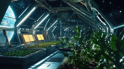 Poster - A futuristic space station with large agricultural zones, cultivating crops in space, demonstrating sustainable living and food production for space colonists.