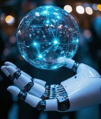 Poster - Human-like robotic hand holding a glowing digital globe representing technology and connectivity in a futuristic environment with abstract data visualization