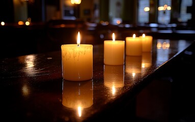 Canvas Print - Four candles on pub table, warm ambiance, blurred background, romantic setting