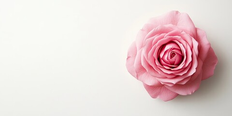 Aufkleber - Delicate pink rose positioned on the top right against a soft white background, emphasizing its intricate petals and gentle hues.