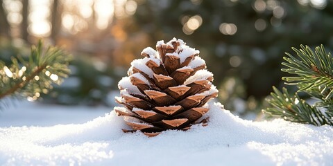Aufkleber - Pine cone dusted with snow surrounded by green pine needles and white snow in a softly blurred winter landscape with warm sunlight efekt.