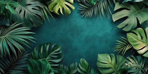 Poster - Lush green tropical foliage framing a textured teal background with a variety of leaf shapes and sizes creating an inviting natural scene.
