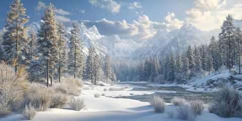 Aufkleber - Winter landscape featuring snow-covered pine trees in a serene forest with majestic mountains under a clear blue sky and soft clouds.