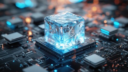 Fototapete - Ice Cube on Circuit Board Reflecting Technology and Innovation in Digital Cooling and Computer Cooling Solutions for Future Tech Concepts