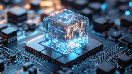 Poster - Ice Cube on a Computer Chip in a High-Tech Digital Environment with Blue Lighting and Futuristic Elements