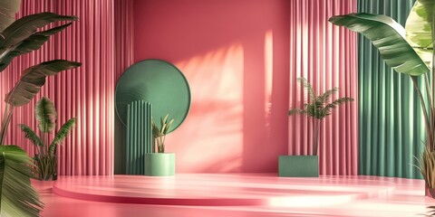 Poster - Vibrant retro interior showcasing a pink and green backdrop with vertical stripes, circular accent, and tropical plants in pots for decoration.
