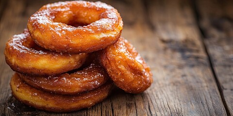 Poster - Delicious freshly glazed ring donuts stacked on a rustic wooden surface with warm golden and brown tones highlighting their texture.
