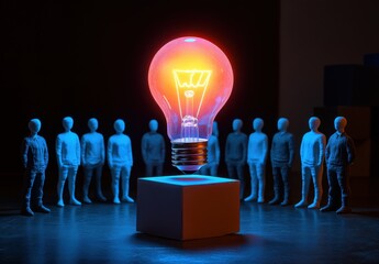Poster - Illuminated Idea Concept with Creative Figures Surrounding Bright Bulb on Pedestal in Dark Environment for Innovation and Inspiration Themes