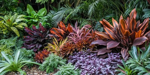 Aufkleber - Tropical garden scene with vibrant multicolored foliage in foreground featuring lush green leaves and dark purple textures amidst rich earth tones.