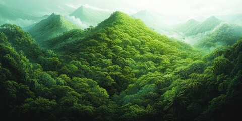 Poster - Lush green mountain landscape with dense foliage and mist shrouding the peaks creating a serene and tranquil natural atmosphere.