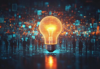 Poster - Illuminated Light Bulb Surrounded by Silhouetted Figures Representing Ideas, Innovation, and Technological Advances in a Digital World