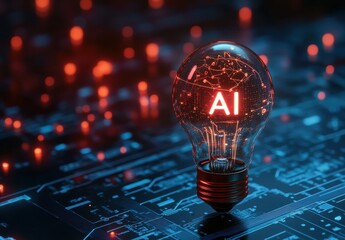 Aufkleber - Illuminated light bulb with AI acronym glowing on a dark circuit board background, symbolizing innovative technology and artificial intelligence concepts.