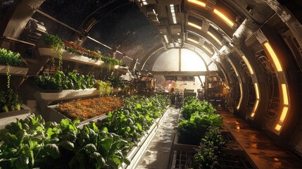 Poster - A futuristic space station with large agricultural zones, cultivating crops in space, demonstrating sustainable living and food production for space colonists.