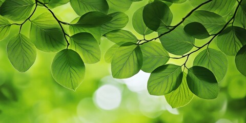 Fototapete - Vibrant green tree leaves cascade in a lush canopy creating a refreshing summer atmosphere with varying shades of green and soft bokeh background.