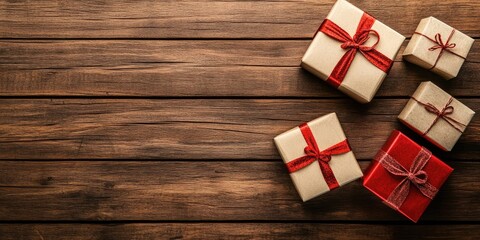 Poster - Colorful gift boxes in red and gold are artfully arranged on a rustic wooden table with ample negative space for text or overlays on the right.