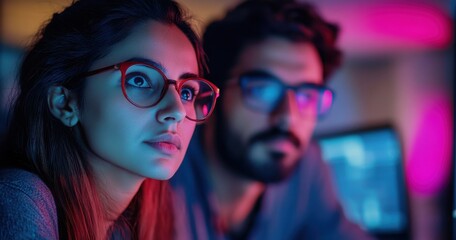 Aufkleber - Intense Focus of Young Professionals in a Modern Office Environment with Vibrant Ambient Lighting