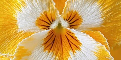 Poster - Vibrant close-up of a yellow and white flower with intricate petal patterns showcasing bold orange veins against a soft blurred background.