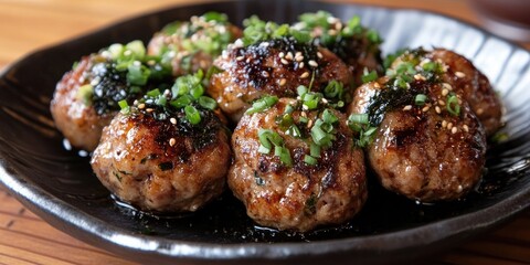Poster - Delicious Tsukune meatballs garnished with green onions and sesame seeds on a glossy black plate showcasing rich brown and green hues.