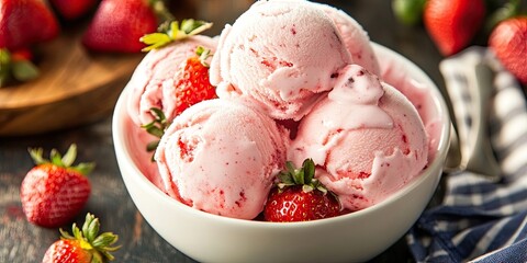 Aufkleber - Creamy pink strawberry ice cream scoops in a white bowl garnished with fresh strawberries set against a dark wooden table and blue striped napkin.