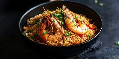 Poster - Seafood Fried Rice in black bowl with large shrimp and green onion garnish on dark background featuring golden-brown rice and vibrant colors