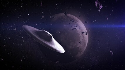 Wall Mural - UFO passing near a moon
An unidentified flying object (UFO) glides past a moon surrounded by asteroid debris, with the cosmic landscape and distant light adding to the mystery of space.
