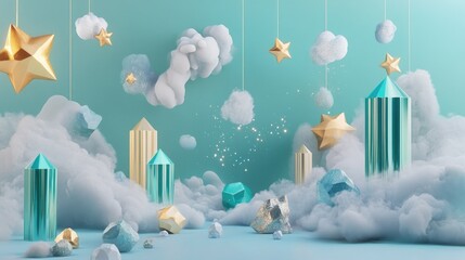 Poster - A futuristic wall poster mockup featuring silver stars, golden clouds, blue crystals, and green cubes, combining elegance and creativity for product display.