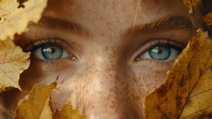 Poster - Freckled girl's eyes peek through autumn leaves