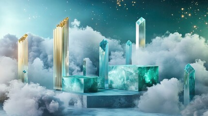 Poster - A futuristic wall poster mockup featuring silver stars, golden clouds, blue crystals, and green cubes, combining elegance and creativity for product display.