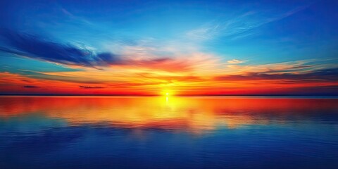 Poster - Vibrant sunset casting orange and yellow hues reflected in calm blue sea under a clear sky with soft clouds creating a serene coastal landscape.