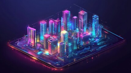 Poster - Futuristic Cityscape with Neon Lights and Technology Elements
