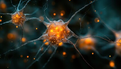 Poster - Intricate Close-Up of Neurons with Brightly Lit Cell Bodies and Complex Extensions, Depicting Neural Networks in a Dark Background