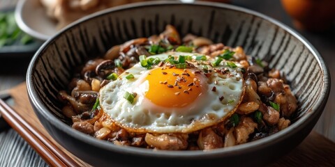 Aufkleber - Stir fried egg topped with green onions and chili flakes sits atop pork and mushrooms in a deep bowl. Rich earthy tones complement warm yellow.