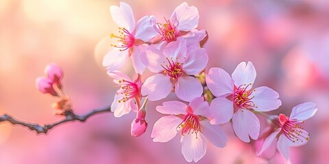 Aufkleber - Delicate pink cherry blossoms in soft focus against a dreamy pastel background, with petals centered and vibrant stamens highlighted.